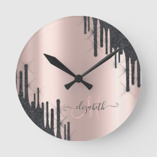 Modern Black Glitter Drips Rose Gold Monogram   Runde Wanduhr