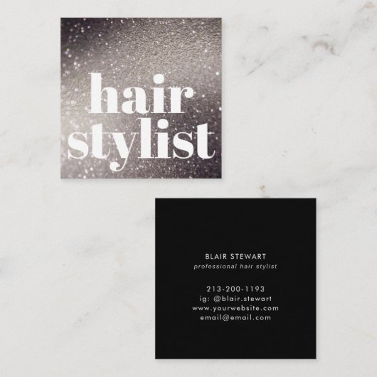Modern Black Glitzer Iridescent Hair Stylist Quadratische Visitenkarte (Vorne/Hinten)