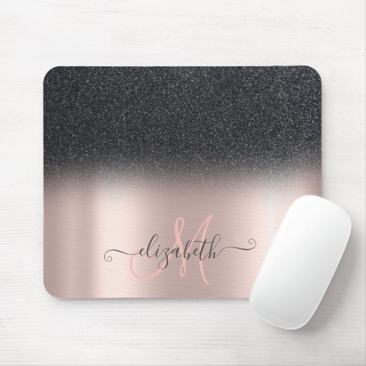 Modern Black Glitzer Ombre Rose Gold Monogram Mousepad (Mit Mouse)
