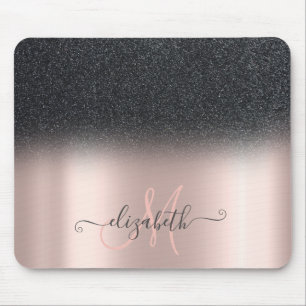 Modern Black Glitzer Ombre Rose Gold Monogram Mousepad