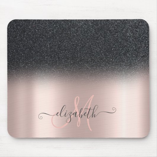 Modern Black Glitzer Ombre Rose Gold Monogram Mousepad (Vorne)