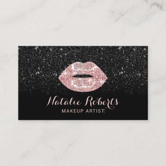 Modern Black Glitzer Rose Gold Lippen Makeup Künst Visitenkarte (Vorderseite)