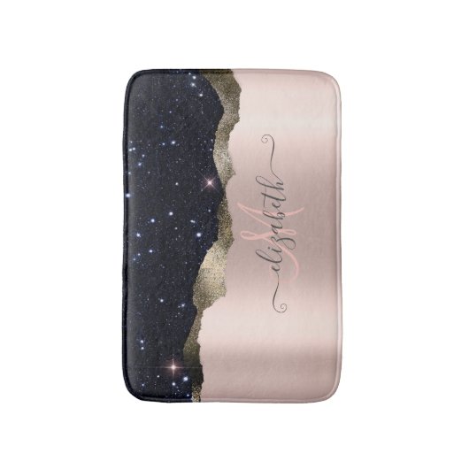 Modern Black Glitzer Rose Gold Monogram Badematte (Vorderseite Vertikal)