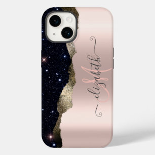 Modern Black Glitzer Rose Gold Monogram Case-Mate iPhone 14 Hülle