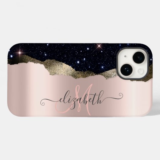 Modern Black Glitzer Rose Gold Monogram Case-Mate iPhone Hülle (Rückseite (Horizontal))