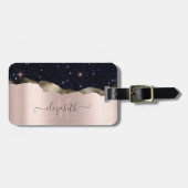 Modern Black Glitzer Rose Gold Monogram Gepäckanhänger (Vorderseite horizontal)