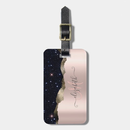 Modern Black Glitzer Rose Gold Monogram Gepäckanhänger (Vorderseite vertikal)