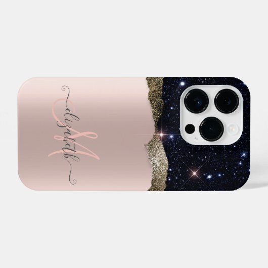 Modern Black Glitzer Rose Gold Monogram iPhone Hülle (Rückseite (Horizontal))