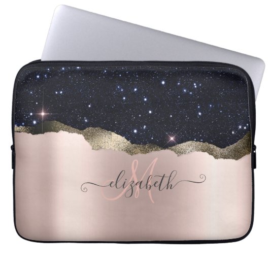 Modern Black Glitzer Rose Gold Monogram Laptopschutzhülle (Vorderseite)
