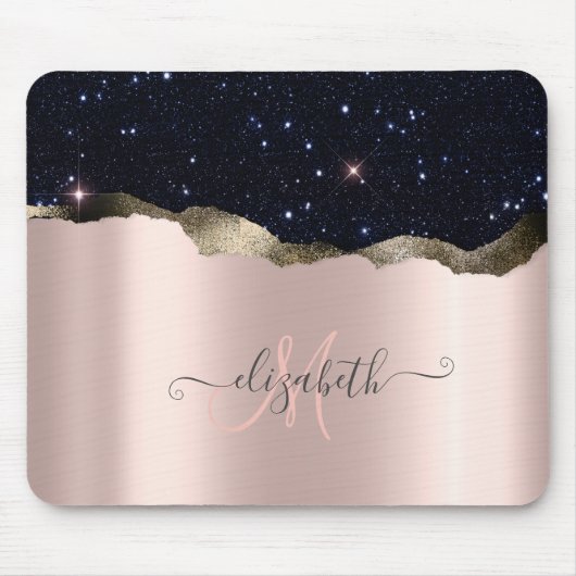 Modern Black Glitzer Rose Gold Monogram Mousepad (Vorne)