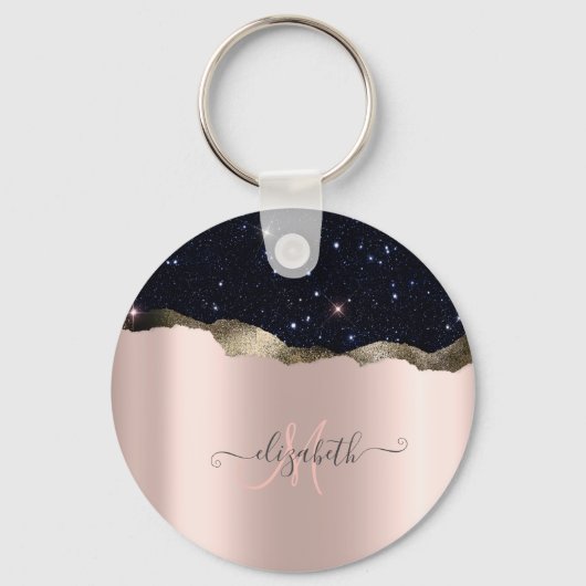 Modern Black Glitzer Rose Gold Monogram Schlüsselanhänger (Vorderseite)