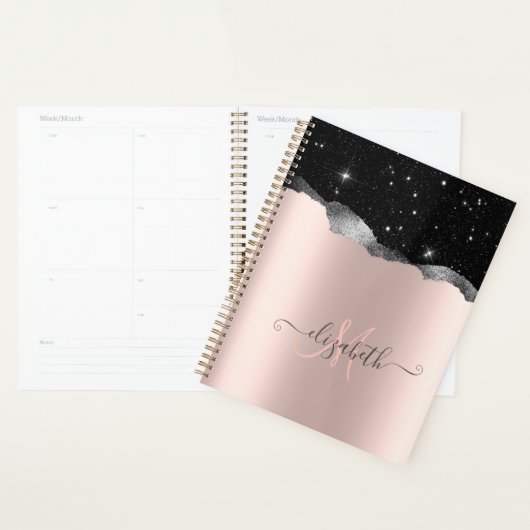 Modern Black Glitzer Silver, Rose Gold Monogram Planer (Anzeige)