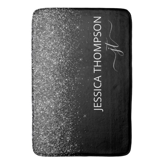 Modern Black Glitzer Simple Script Monogram Name  Badematte (Vorderseite Vertikal)