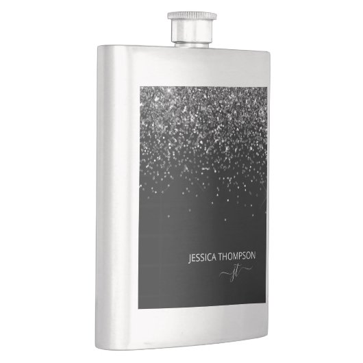 Modern Black Glitzer Simple Script Monogram Name  Flachmann (Rechts)