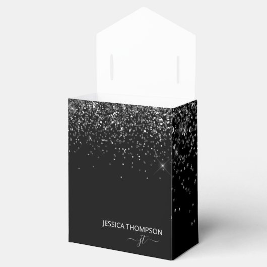 Modern Black Glitzer Simple Script Monogram Name Geschenkschachtel (Geöffnet)