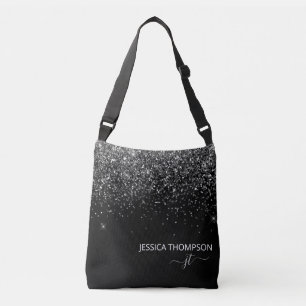 Modern Black Glitzer Simple Script Monogram Name Tragetaschen Mit Langen Trägern