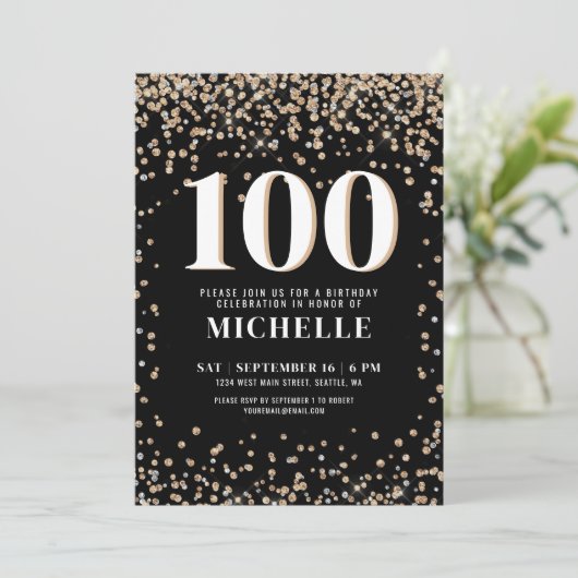 Modern Black Gold 100. Geburtstag Einladung (Stehend Vorderseite)
