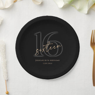 Modern Black Gold 16th Birthday Party Paper Plates Pappteller