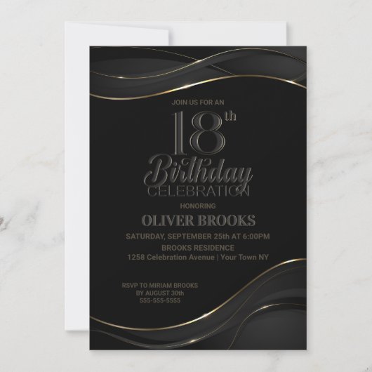 Modern Black Gold 18. Geburtstagsparty Einladung (Vorderseite)