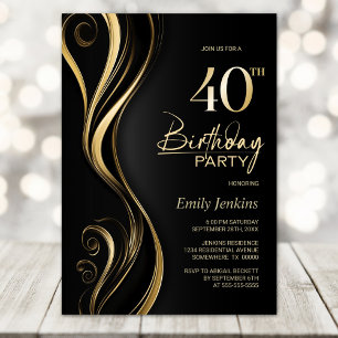 Modern Black Gold 40. Geburtstag Party Einladung