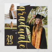 Modern Black Gold 4 Photo Graduation Announcement Einladung (Vorne/Hinten)