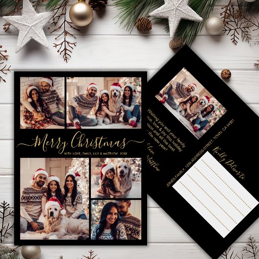 Modern Black Gold 5 Foto Collage Weihnachten Postkarte