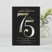 Modern Black Gold 75. Geburtstagsparty Einladung (Stehend Vorderseite)