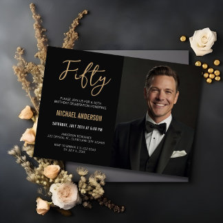 Modern Black Gold Agate 50. Geburtstagsfeier Foto Einladung