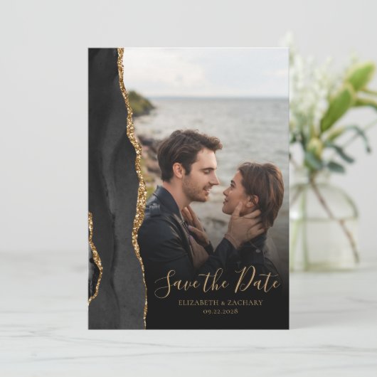 Modern Black Gold Agate Foto Save the Date Karte (Stehend Vorderseite)