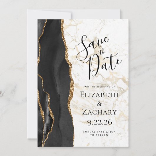 Modern Black Gold Agate Marble Save the Date (Vorderseite)