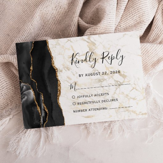 Modern Black Gold Agate Marble Wedding RSVP Karte