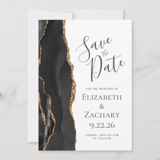 Modern Black Gold Agate Save the Date (Vorderseite)