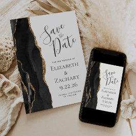 Modern Black Gold Agate Save the Date