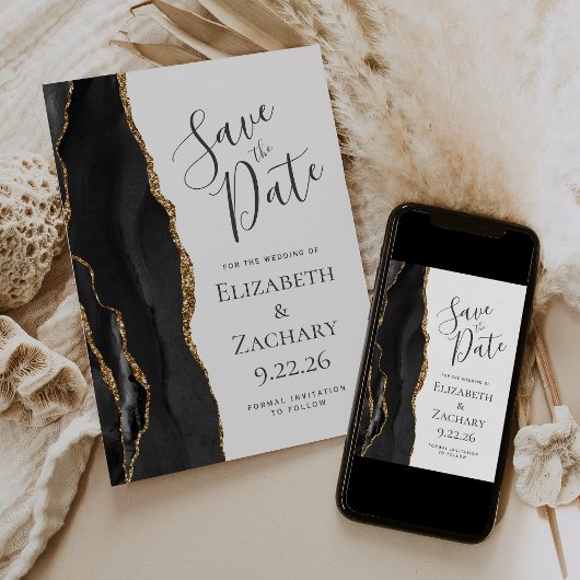 Modern Black Gold Agate Save the Date