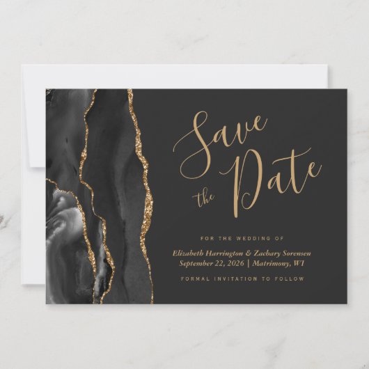 Modern Black Gold Agate Save the Date Card Einladung (Vorderseite)