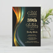 Modern Black Gold Any Age Surprise Birthday Party Einladung (Stehend Vorderseite)