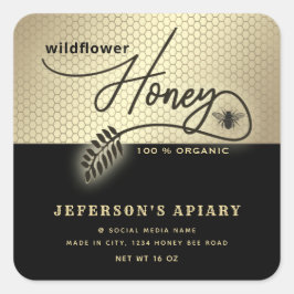 Modern Black Gold Biene Drehbuch Honey Jar Quadratischer Aufkleber