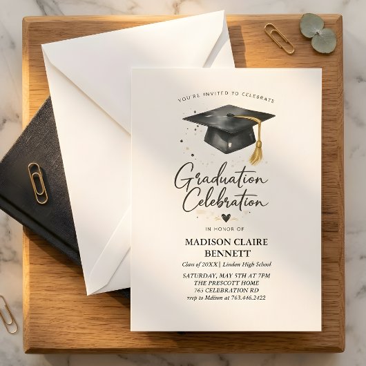 Modern Black & Gold Calligraphy Graduation Party  Einladung