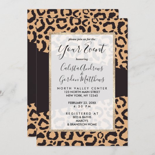 Modern Black Gold Cheetah Leopard Animal Print Einladung (Vorne/Hinten)