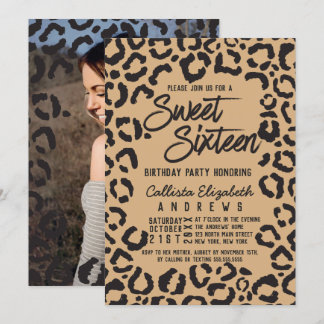 Modern Black Gold Cheetah Leopard Sweet 16 Foto Einladung