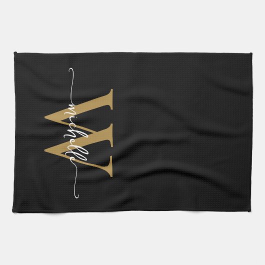 Modern Black Gold Custom Monogram Name Script Geschirrtuch (Horizontal)