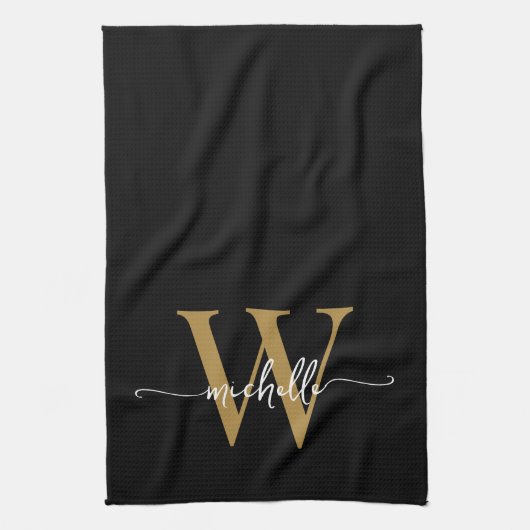 Modern Black Gold Custom Monogram Name Script Geschirrtuch (Vertikal)