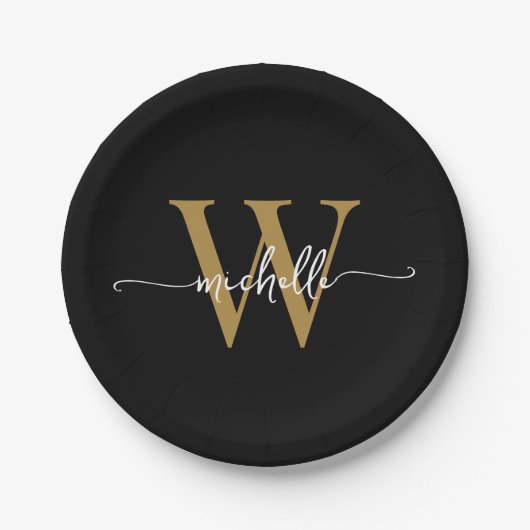Modern Black Gold Custom Monogram Name Script Pappteller (Vorderseite)