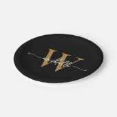 Modern Black Gold Custom Monogram Name Script Pappteller (Schrägansicht)