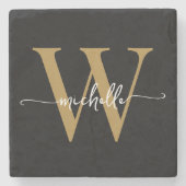 Modern Black Gold Custom Monogram Name Script Steinuntersetzer (Vorderseite)