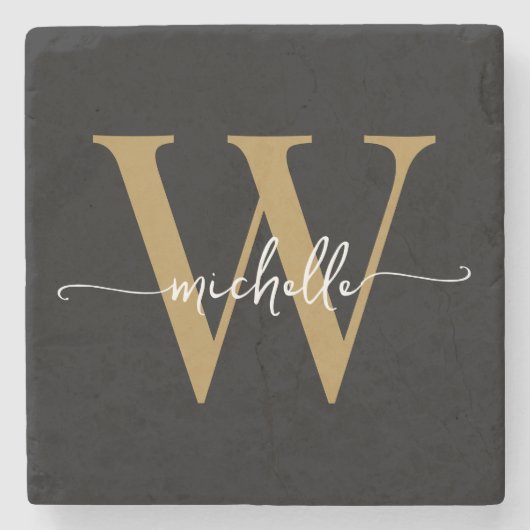 Modern Black Gold Custom Monogram Name Script Steinuntersetzer (Vorderseite)