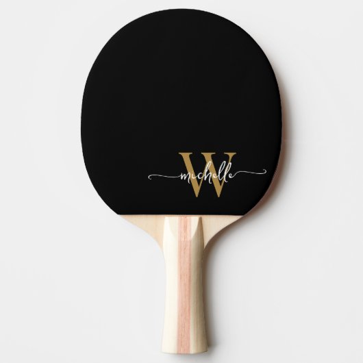 Modern Black Gold Custom Monogram Name Script Tischtennis Schläger (Vorderseite)