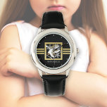 Modern Black Gold Figure Skaten / Ice Skaten Armbanduhr<br><div class="desc">Das Design ist mit einem Eis-Skate über einem Schneeflocken-Wappen mit schwarzem und Imitat goldenem Glitzer-Hintergrund ausgestattet. Dieses elegante Wintersportdesign dient als coole moderne und einzigartige Armbanduhr mit personalisiertem Text für Mädchen.</div>