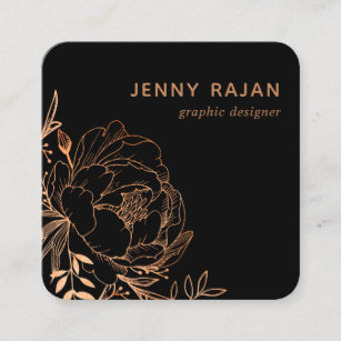 Modern Black Gold Floral Line Art Graphic Design Quadratische Visitenkarte