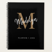 Modern Black Gold Girl Monogram Script Name Planer (Vorderseite)